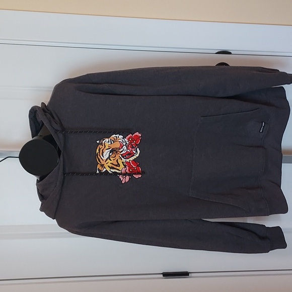 Westy Tiger with Embroidered Flowers Dark Gray Hoodie Size Large - Picture 2 of 9
